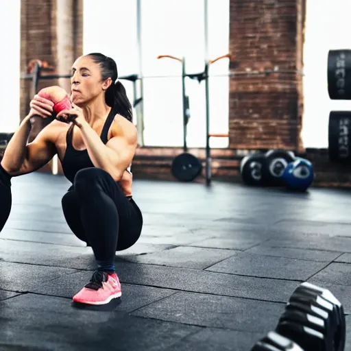 Prompt: a person doing CrossFit while eating an apple