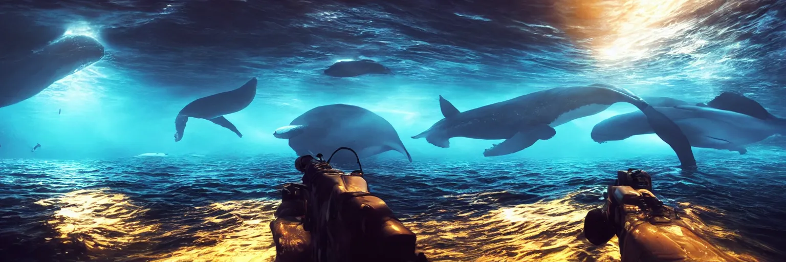 Image similar to under the ocean, fish with a glowing shadow of a giant whale, hyper realistic, epic lighting, cyberpunk, wide angle lens