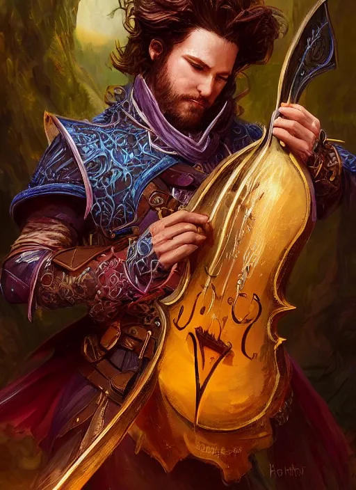 Image similar to bard playing instrument, ultra detailed fantasy, dndbeyond, bright, colourful, realistic, dnd character portrait, full body, pathfinder, pinterest, art by ralph horsley, dnd, rpg, lotr game design fanart by concept art, behance hd, artstation, deviantart, hdr render in unreal engine 5