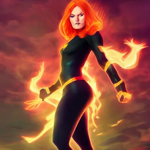 Prompt: jean grey, a full body portrait of jean grey, green eyes, red hair, phoenix rising, flames, flying, comic, x - men, highly detailed, artstation, symetry, digital painting, vivid colors, realistic shaded perfect face, soft lighting, atmospheric, sharp focus, moody, in the style of alex ross, 8 k