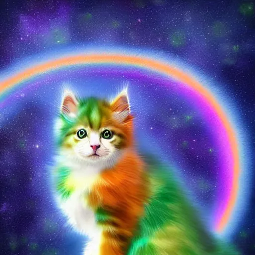 Prompt: of a full body wide of very proud fluffy rainbow kitten howling at moon with a glowing rainbow aura, digital art,