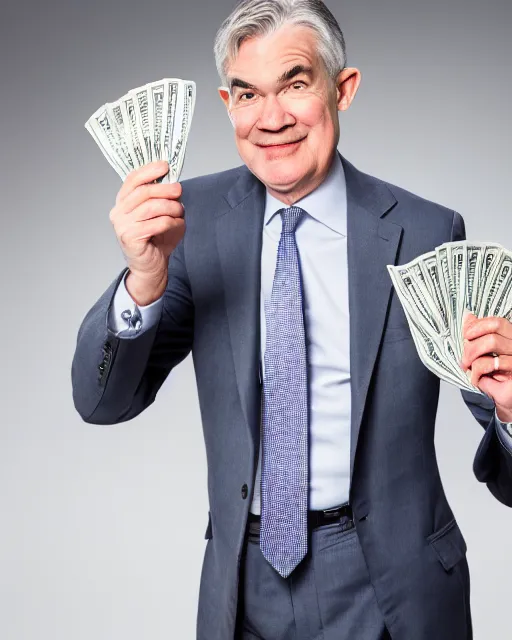 Prompt: Jerome Powell holding money in his hands, XF IQ4, 50mm, F1.4, studio lighting, professional, 8K
