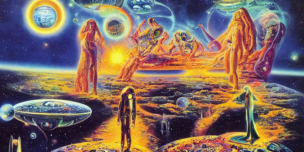 Image similar to Intergalactic dreams by Alex Grey, Paul Lehr, Ron Walotsky, Bruce Pennington and James Gurney