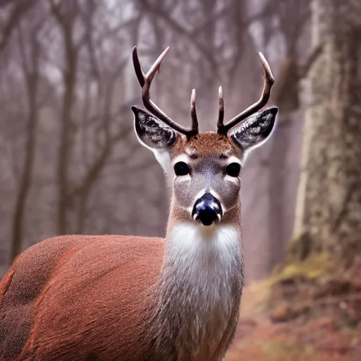 Prompt: a close up of a white - eyed deer, background of a landscape misty forest scene, the sun glistening through the trees