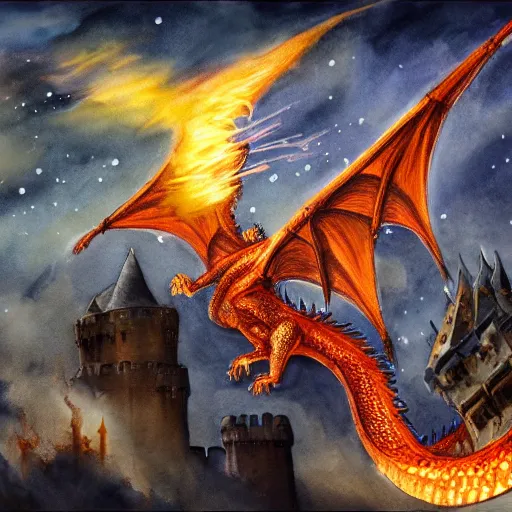 Prompt: a majestic , magnificent fire breathing dragon flying over a medieval castle under a dark starred sky, dark fantasy, watercolor, dreaming illusion, highly detailed, 4k, trending on Artstation, award-winning