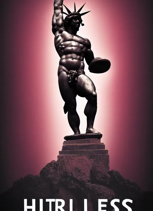 Image similar to design poster showing a statue of hercules, black background with very subtle red and purple design elements, powerful, nekro, vito acconci, thin straight lines, dark, glitch art, neo vaporwave, gritty, layout frame, square, trending on artstation