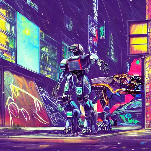 Image similar to hyper-detailed full colour painted anime illustration of a cyberpunk robot mecha dinosaur standing at a ghetto street corner wry graffiti in the background, night, city, dark