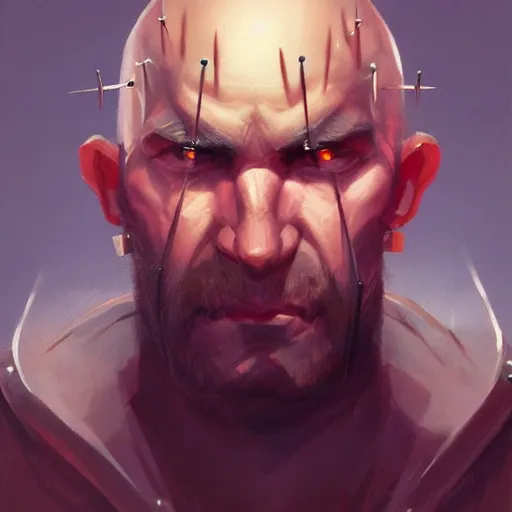 Image similar to bald man with iron spikes driven through his eyes, portrait, behance hd artstation, style of jesper ejsing