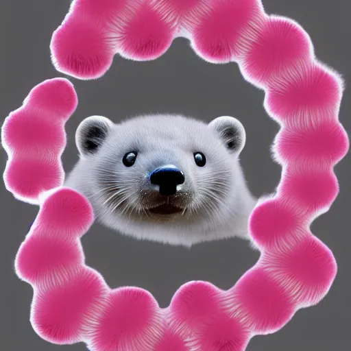 Image similar to white mink with big overfit necklace circle made of pink-dyed chromosomes and bacteria matte art hd 8k starring at camera symmetrical mink face bacteria chromosomes matte