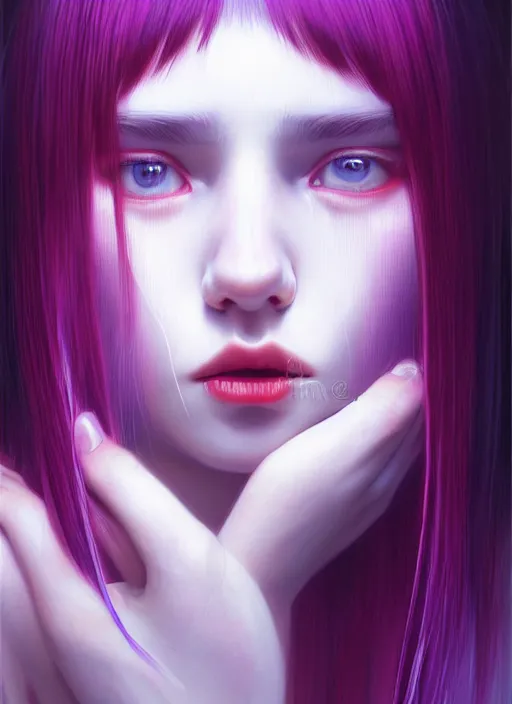 Image similar to hair whitebangs hair, black hair, whitebangs, portrait of teenage girl with white bangs, red irises, purple clothes, white bangs, bangs are different color from hair, intricate, elegant, glowing lights, highly detailed, digital painting, artstation, concept art, smooth, sharp focus, illustration, art by wlop, mars ravelo and greg rutkowski