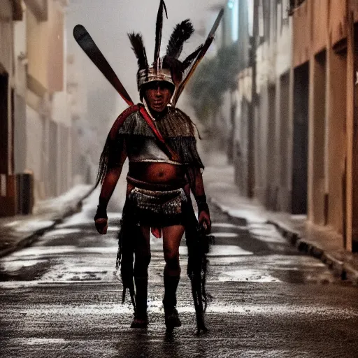 Image similar to empty street, inca warrior, portrait, at night, during storm, by addy campbell, cinematography by quetzalcoatl