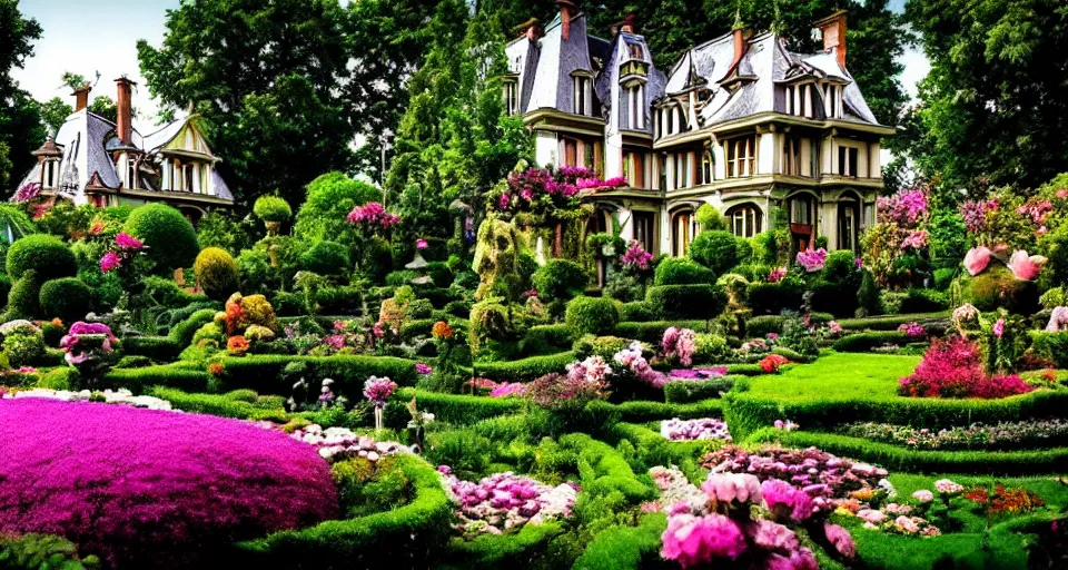 Image similar to An incredibly beautiful scene from a 2022 film featuring an art nouveau mansion flower garden.