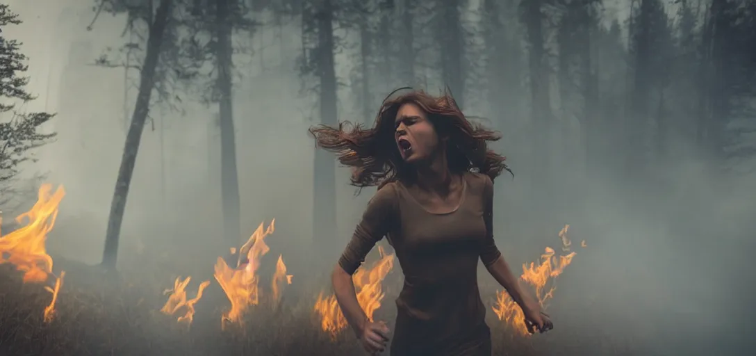 Prompt: full portrait of a young woman running from a forest fire, smoke, flames, dark, gloomy, horror, screaming, insanely detailed, photorealistic, cinematic, dramatic lighting,