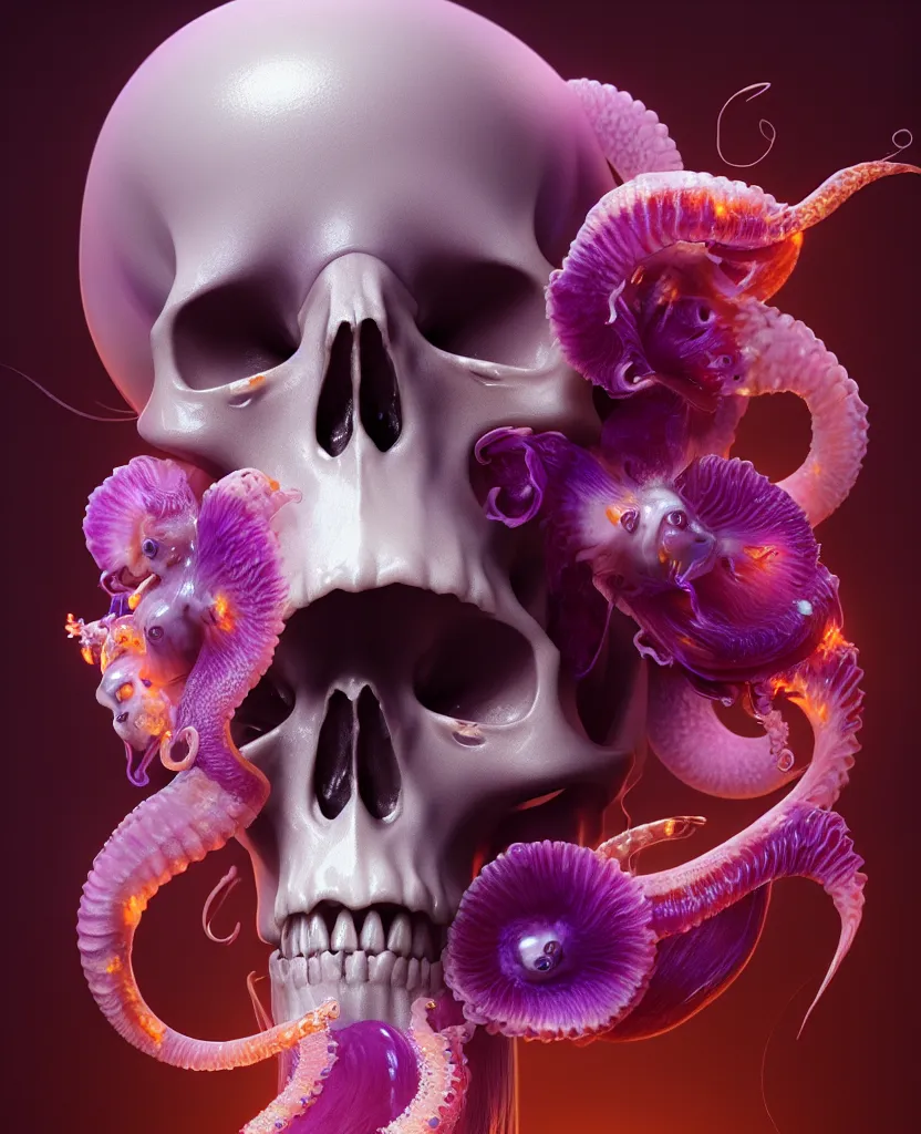 Image similar to goddess close - up portrait human skull, ram skull, squid phoenix jellyfish, orchid, betta fish, bioluminiscent, intricate artwork by tooth wu and wlop and beeple. octane render, trending on artstation, greg rutkowski very coherent symmetrical artwork. cinematic, hyper realism, high detail, octane render, 8 k