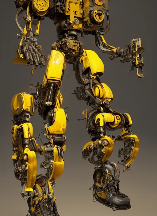 Image similar to a photorealistic dramatic hyperrealistic render of a futuristic exosuit power loader heavy machinery, ultra realistic details, glossy yellow, well worn, rust, oil stains by vitaly bulgarov and mike nash, beautiful dramatic dark moody tones and lighting, cinematic atmosphere, studio lighting, global illumination, shadows, dark background, octane render, 8 k