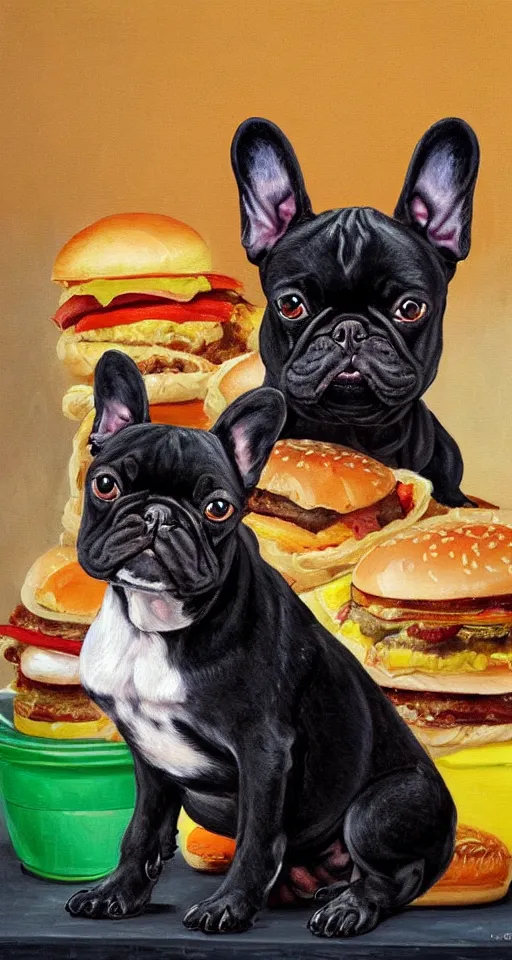 Image similar to painting of black french bulldog, portrait, tray of hamburgers, bright colors, highly detailed, rococo style painting