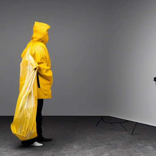 Image similar to photo studio with foggy background. yellow tent on floor. fisherman in balenciaga cloth, plastic bag and black mask. photorealistic high resolution, redshift render, 8 k