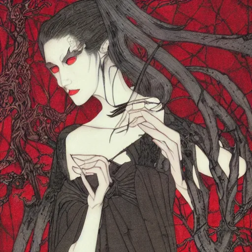 Prompt: beautiful vampire goth woman with red eyes surrounded by ghosts and shadows in a hallway of mirrors, Takato Yamamoto, award winning illustration, character concept