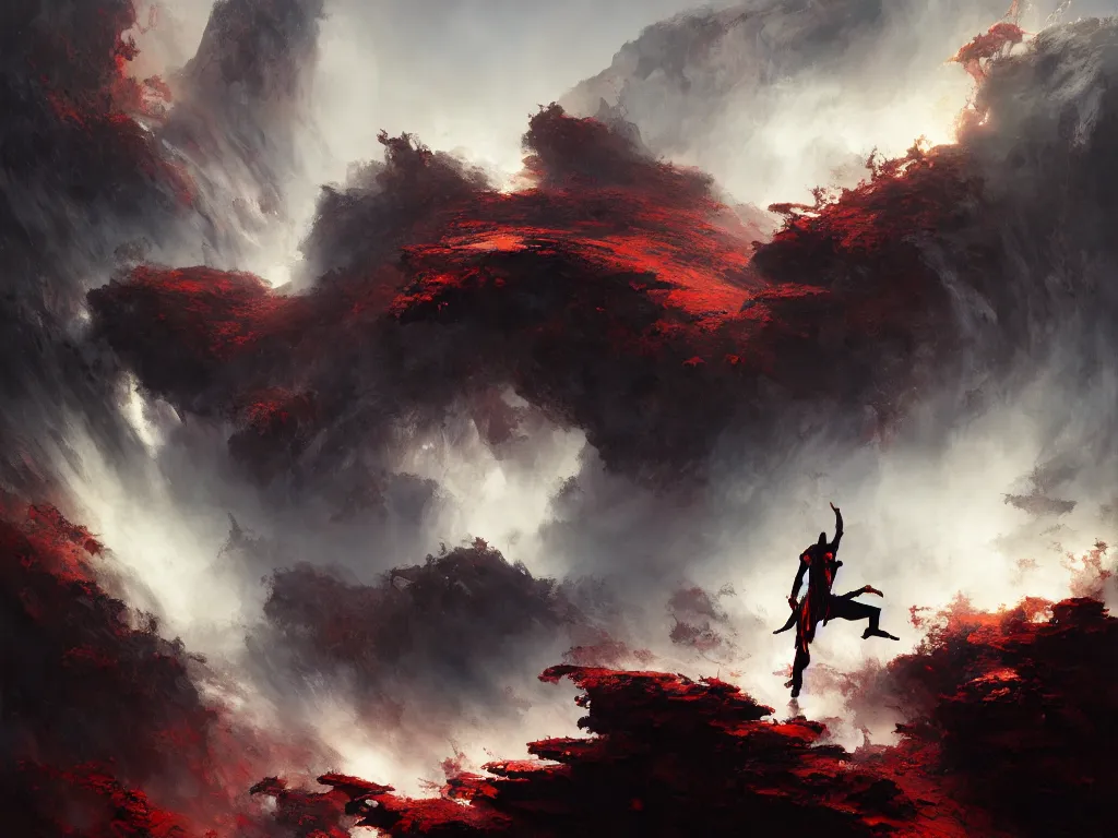 Prompt: a heavenly ninja warrior, hellish landscape, flowing backlit hair, painting by geg ruthowski, alphonse murac, craig mullins, ruan jia, wlop, yoji shinkawa, collaborative artwork, exquisitely high quality and detailed