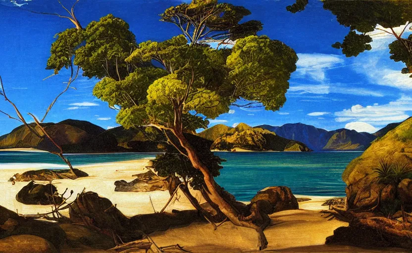 Image similar to golden bay abel tasman new zealand in the style of Caravaggio, digital art, high quality, highly detailed, high coherence, anatomically correct, Caravaggio, concept art, marterpiece