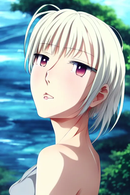 Prompt: anime art full body portrait character concept art, anime key visual of elegant young female, platinum blonde straight bangs and large eyes, finely detailed perfect face delicate features directed gaze, laying on back near a waterfall, arms crossed behind head, trending on pixiv fanbox, studio ghibli, extremely high quality artwork