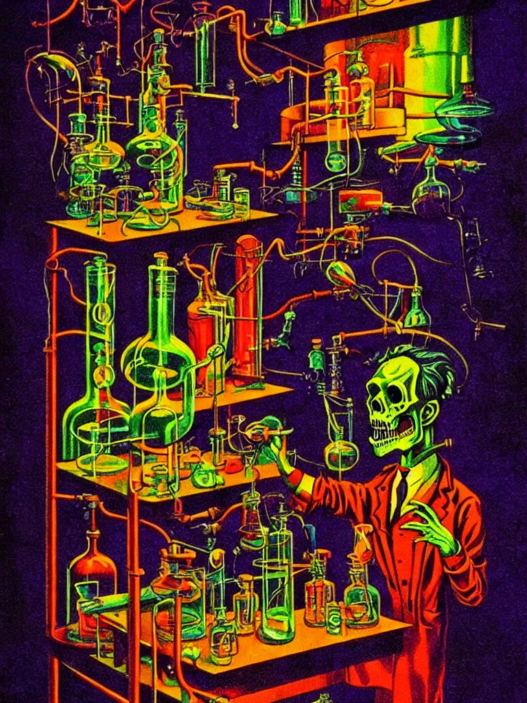 Prompt: Vibrant Colorful Vintage Horror Illustration of a Mad Scientist Experiment Poisonous Laboratory. Glowing , Spooky lighting , Pinterest