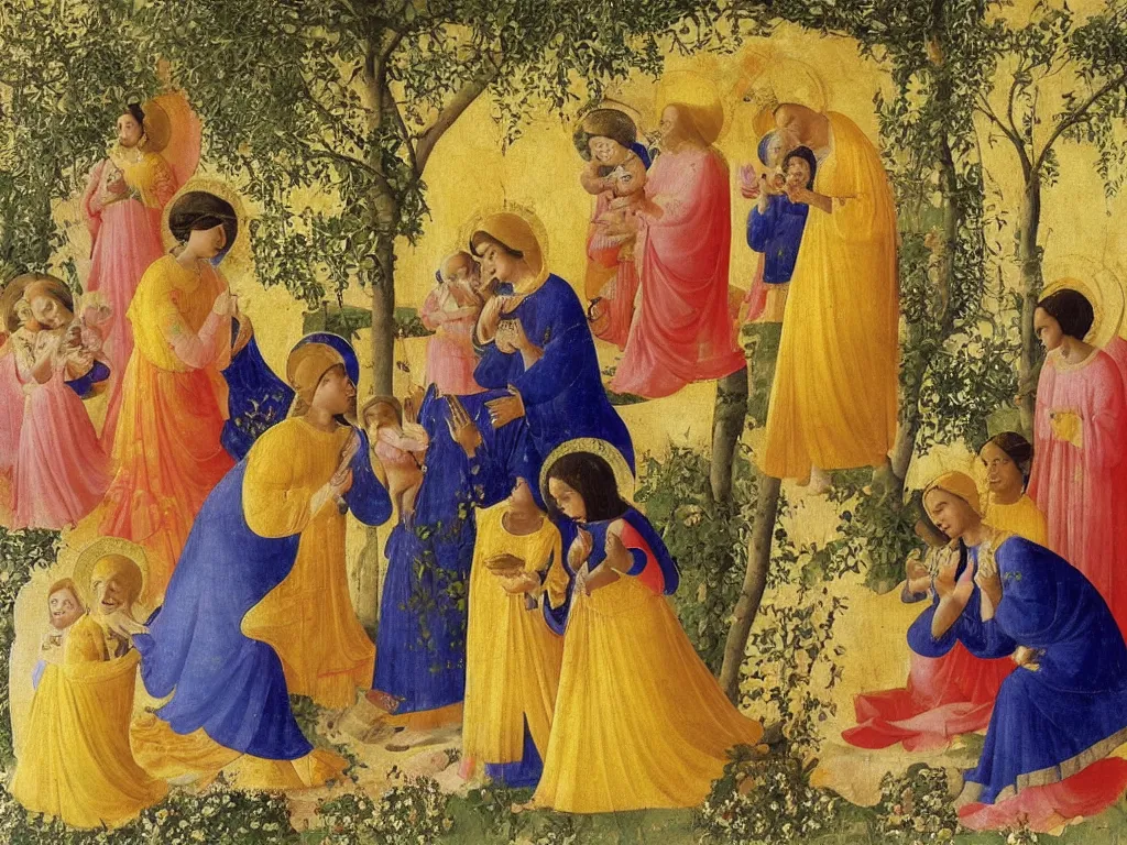 Image similar to Indian Woman dressed in yellow with 10 babies. Jasmine flower all over, garden outside with Cypresses. An angel is arranging the seashells. Painting by Fra Angelico.