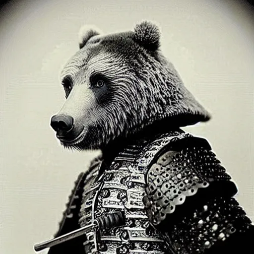 Prompt: “grizzly bear in full ornate samurai armour, 1900’s photo”