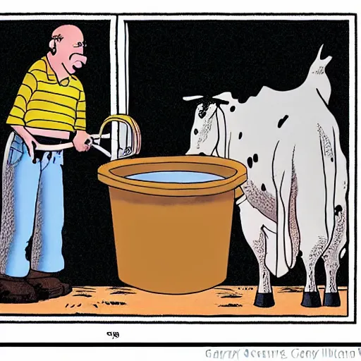 Image similar to far side comic strip, gary larson, a cow points at a bucket, illustration