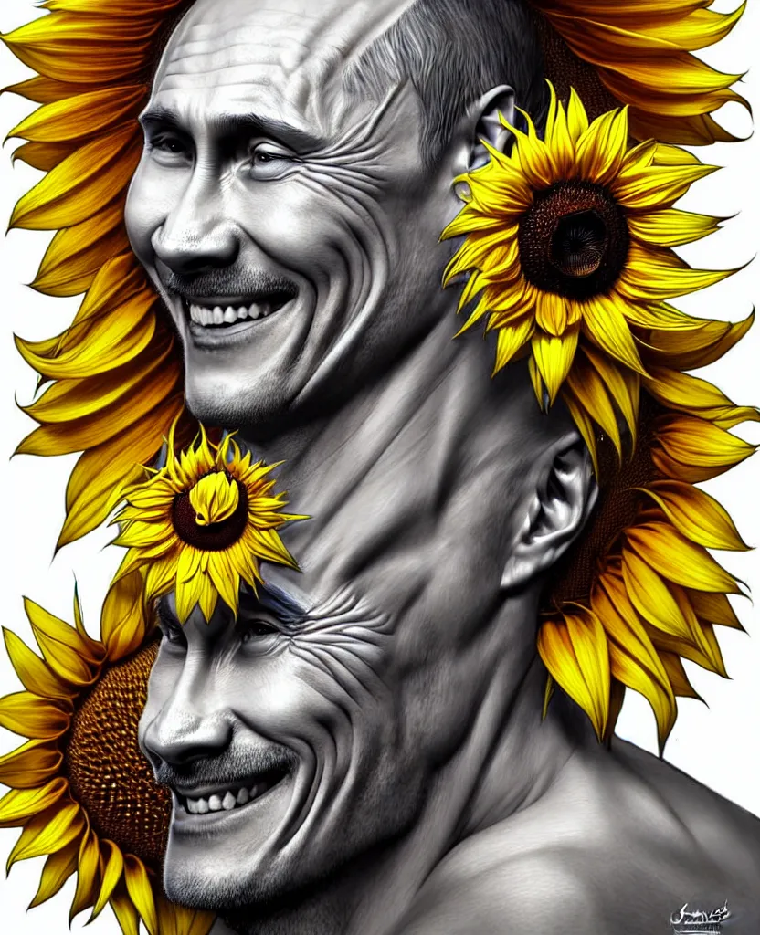 Image similar to digital art, centered full body of Putin smiling king, Sunflower crown, ,intricate, veins, by James Jean and by artgerm , by ross tran ultradetailed, charachter design, concept art, trending on artstation,