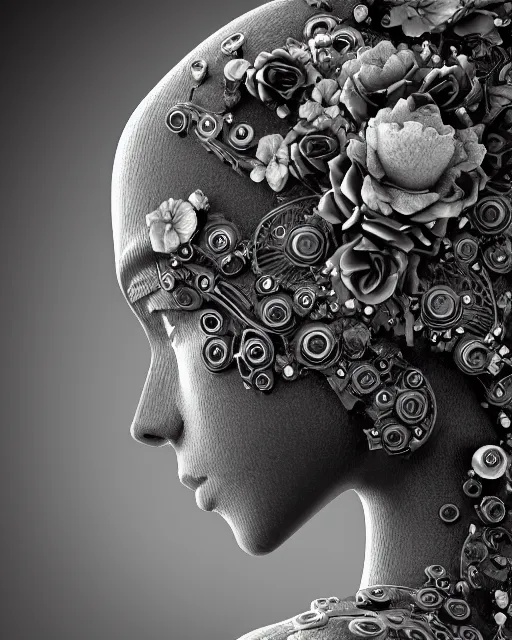 Image similar to mythical dreamy black and white organic bio - mechanical spinal ribbed profile face portrait detail of translucent steampunk beautiful female angelic - human - queen - vegetal - cyborg, highly detailed, intricate crystal ivy jelly ornate, poetic, translucent roses ornate, 3 d render, digital art, octane render, 8 k artistic photography, photo - realistic, by dora maar