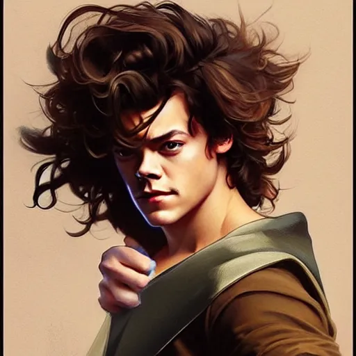 Prompt: harry styles is dressed as a superhero. clean elegant painting, beautiful detailed face. by artgerm and greg rutkowski and alphonse mucha