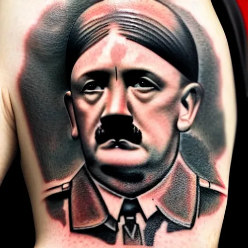 Image similar to tattoo of adolf hitler and coat of arms of ukraine many details, super realistic, high quality, 8 k