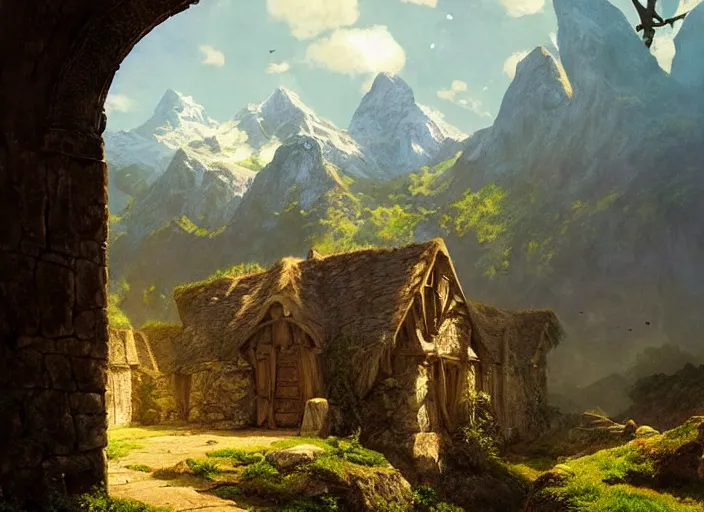 Image similar to medieval adventuers in the shire scenery landscape, lord of the rings, portal, highly detailed, perfect lighting, perfect composition, 4 k, maxfield parrish, artgerm, derek zabrocki, greg rutkowski