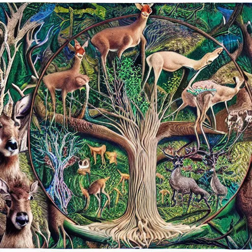 Prompt: rankin bass stop motion tree of life surrounded by deer and other forest animals, cinestill, by ernst haeckel and alex grey