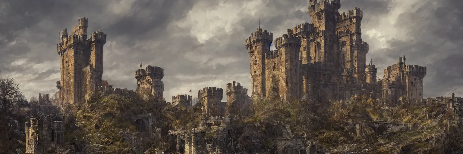 Prompt: decayed british castle at dawn with stone architecture, massive gates, tower keep, drawbridge, crumbling infrastructure by greg rutkowski, artstation and frank lloyd wright, extremely hyperdetailed, intricate construction, ramparts, battlements, mountains, clouds, uhd
