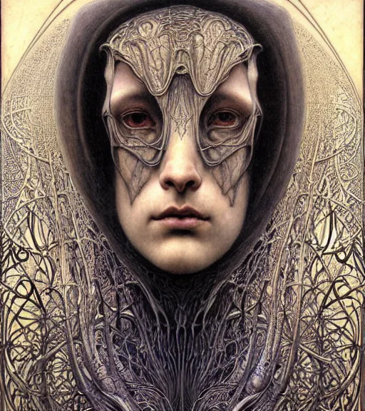 Image similar to detailed realistic beautiful young medieval alien robot grimez face portrait by jean delville, gustave dore and marco mazzoni, art nouveau, symbolist, visionary, gothic, pre - raphaelite. horizontal symmetry by zdzisław beksinski, iris van herpen, raymond swanland and alphonse mucha. highly detailed, hyper - real, beautiful, fractal baroque