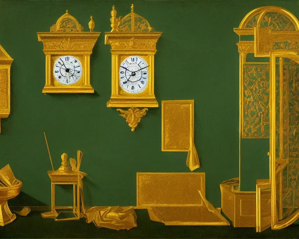 Prompt: an achingly beautiful print of gold clocks and fractured frescos on a dark green wall by Raphael, Hopper, and Rene Magritte. detailed, romantic, enchanting, trending on artstation.