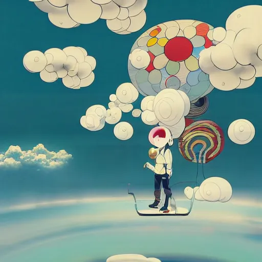 Image similar to a man walking on clouds above kyoto by takashi murakami, beeple and james jean, aya takano color style, 4 k, super detailed