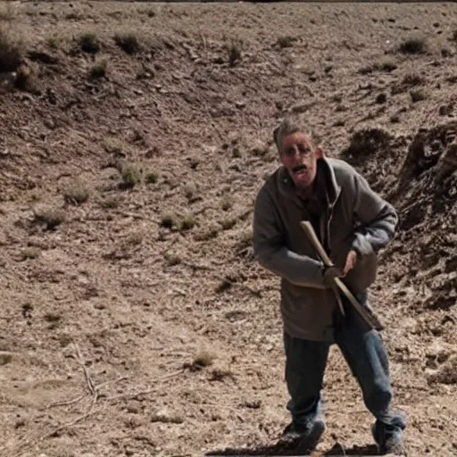 Image similar to Jordan Peterson digging a ditch, dressed like a homeless man in the desert. Photograph from a horror film.