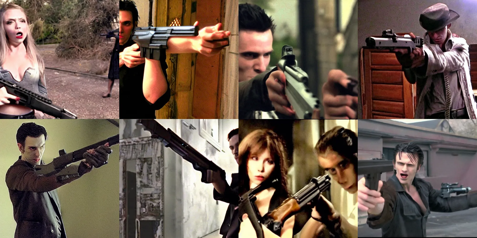 Prompt: Still from Vampires Holding Guns 2: Reloaded, stupendously poor quality, incredible low budget, highly downvoted