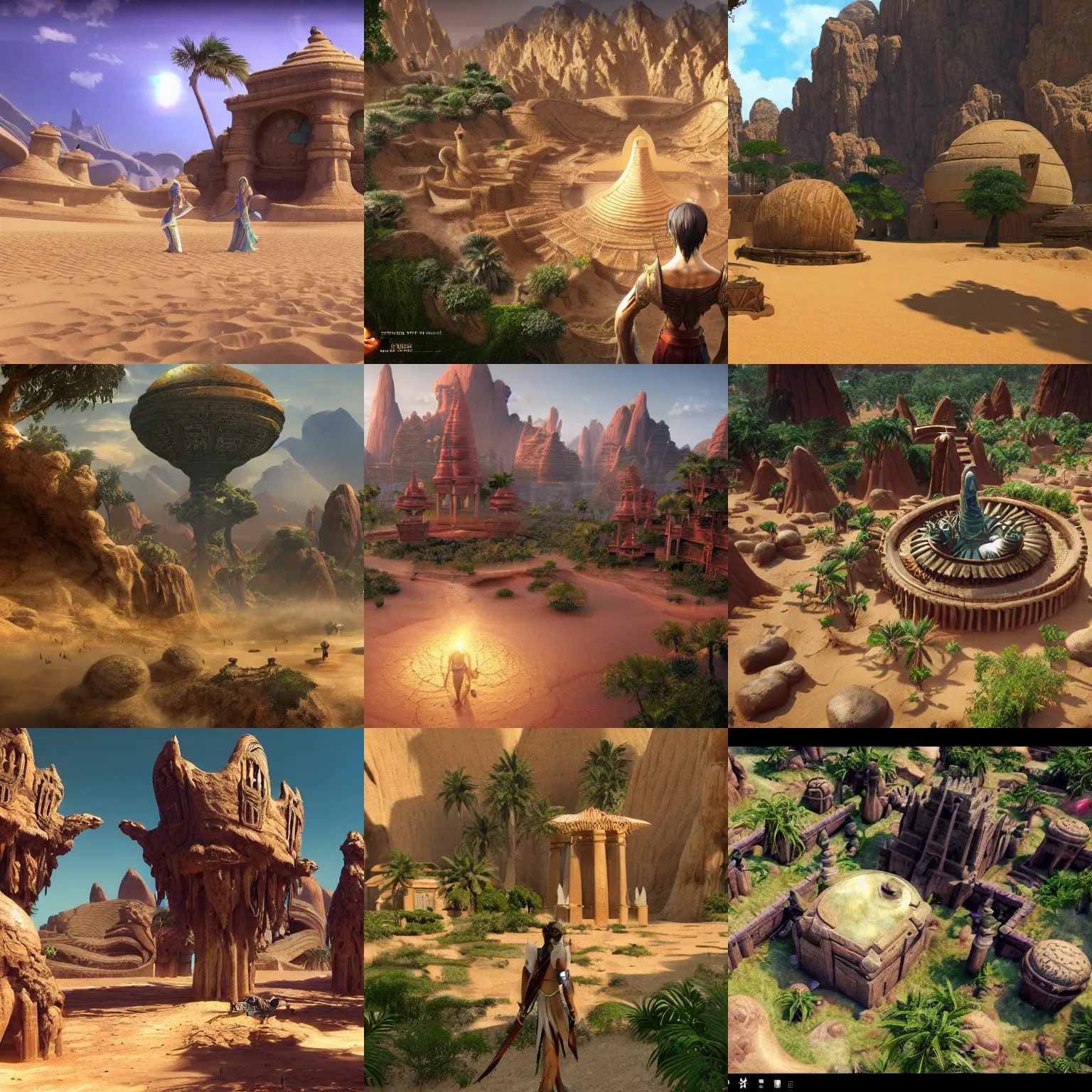 Prompt: a beautiful spiritual sacred godly ancient isolated alien village built in the lush oasis of a vast hot sand desert, 3 rd person action adventure, screenshot, gameplay, final fantasy, square enix, jrpg, cutscene, unreal engine, 4 k, ultra high settings, rtx, next gen graphics, playstation 5, greg rutkowski, tetsuya nomura