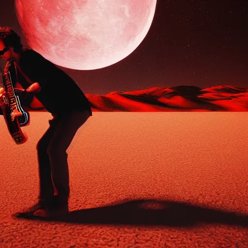 Prompt: gustavo cerati playing on the red moon, digital art, highly detailed, 8 k octane render,