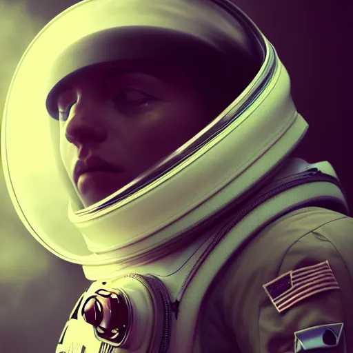 Image similar to Portrait of an astronaut, highly detailed, ominous vibe, smoke, octane render, cgsociety, artstation, trending on ArtStation, by Marie Magny