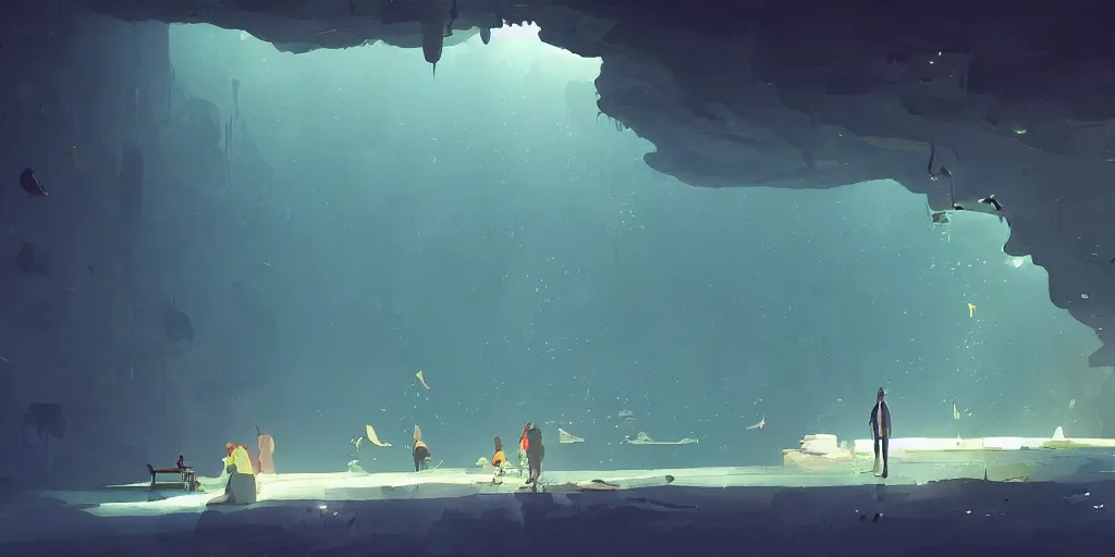 Image similar to giant aquarium in natural cave, volumetric light, art by pascal campion, artstation