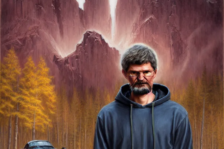 Image similar to ted kaczynski in a hoodie. log cabin background. oil painting elegant, highly detailed, centered, digital painting, artstation, concept art, smooth, sharp focus, illustration, artgerm, tomasz alen kopera, peter mohrbacher, donato giancola, joseph christian leyendecker drew struzan