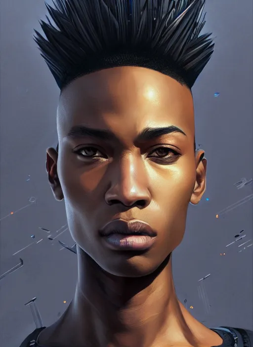 Prompt: portrait of a young black man with a mohawk and solid black irises, wearing futuristic techwear highly detailed, angular jawline, digital painting, artstation, concept art, smooth, sharp focus, illustration, art by wlop, uang guangjian and gil elvgren and sachin teng and greg rutkowski