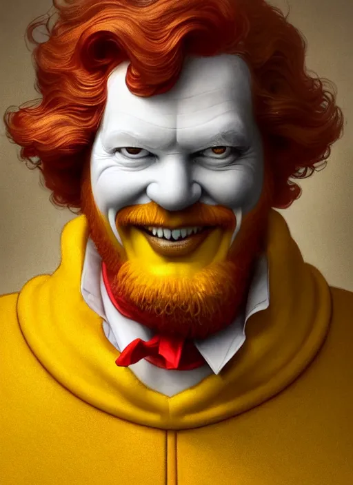 Image similar to close up portrait of ronald mcdonald, yellow jumper with white collar, chicken mcnuggets throne room by artgerm, cushart krenz, greg rutkowski, mucha. art nouveau. gloomhaven, golden arches logo, pale colors, sharp edges. ultra clear detailed. 8 k. elegant, intricate, octane render