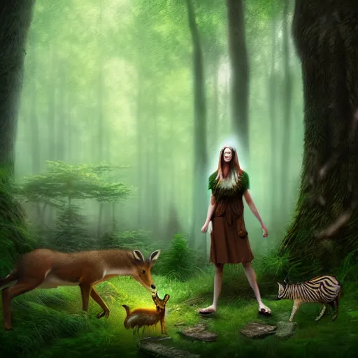 Image similar to a female woodland druid surrounded by forest animals, in the woods, hyper realistic, digital painting, photorealistic, in the style of greg rutkowski, detailed