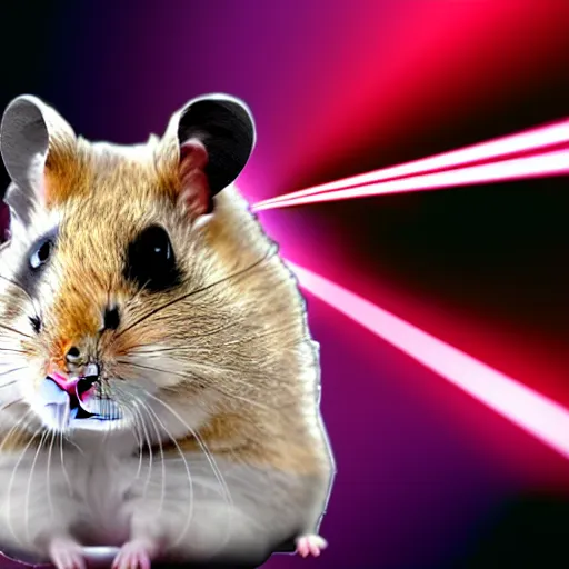 Image similar to evil hamster as the villain in a james bond film with head mounted laser cannons, digital art